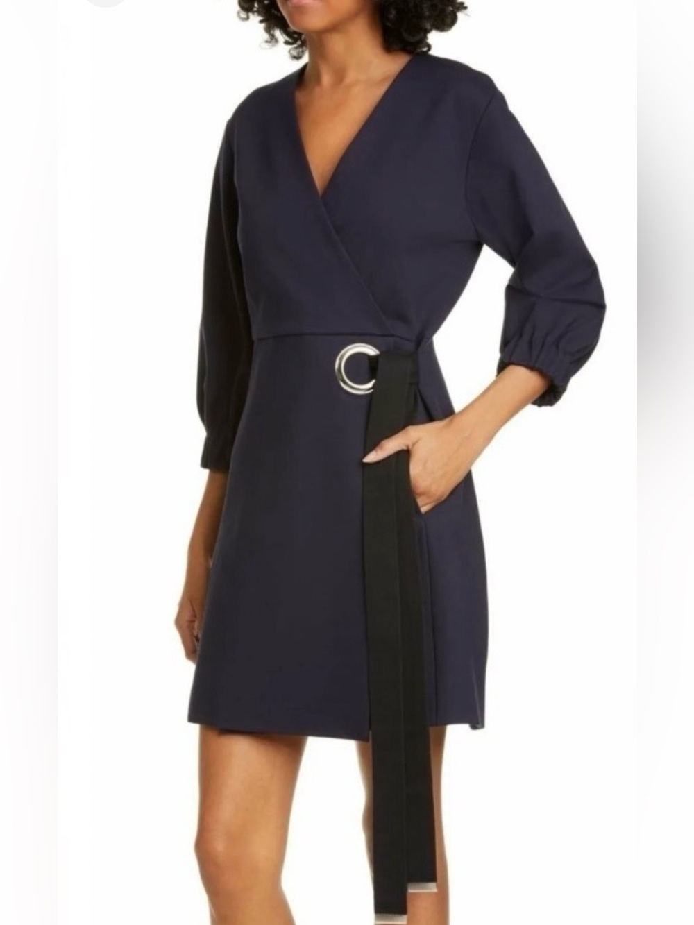 TIBI NWT Wrap Front Mini Dress Navy Blue Black Belt Grommet NEW Sz 12